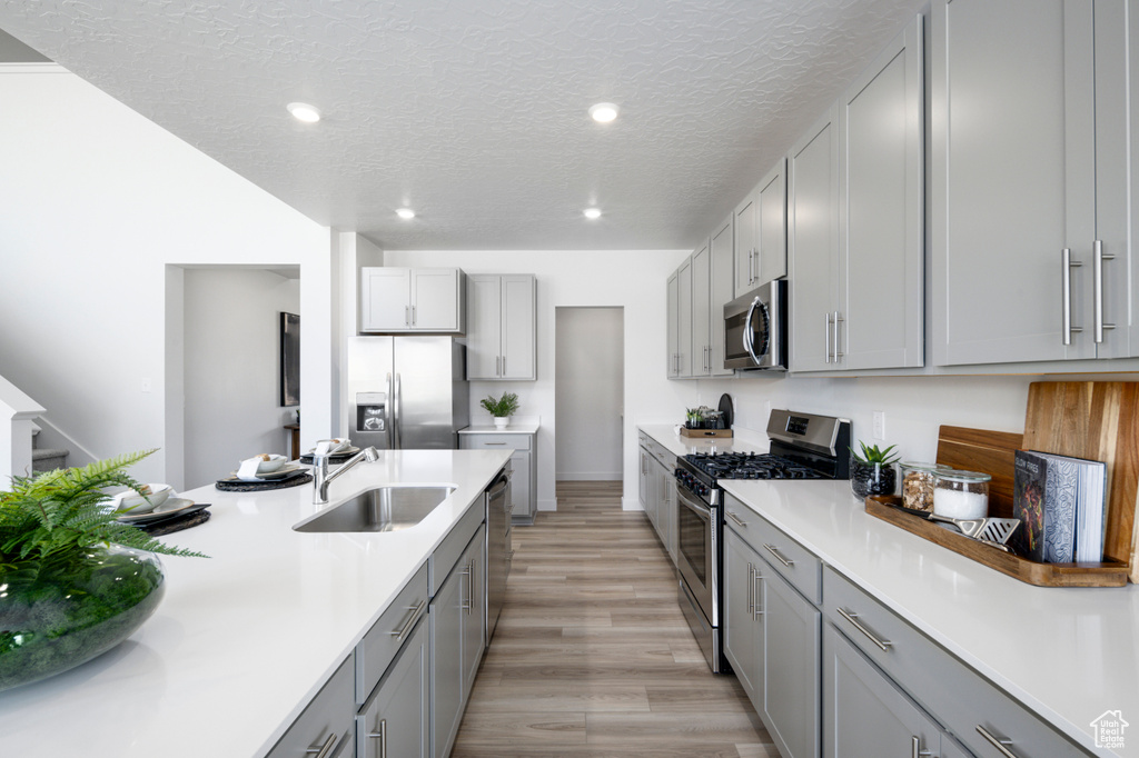 Kitchen featuring light countertops, recessed lighting, appliances with stainless steel finishes, a sink, and gray cabinetry