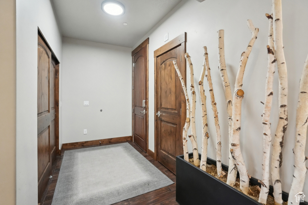 Hall featuring dark wood finished floors and baseboards