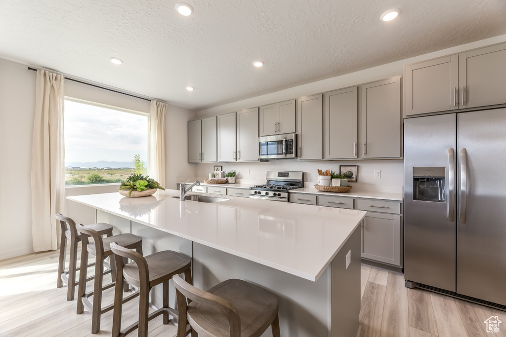 Kitchen featuring light countertops, a sink, appliances with stainless steel finishes, and gray cabinetry