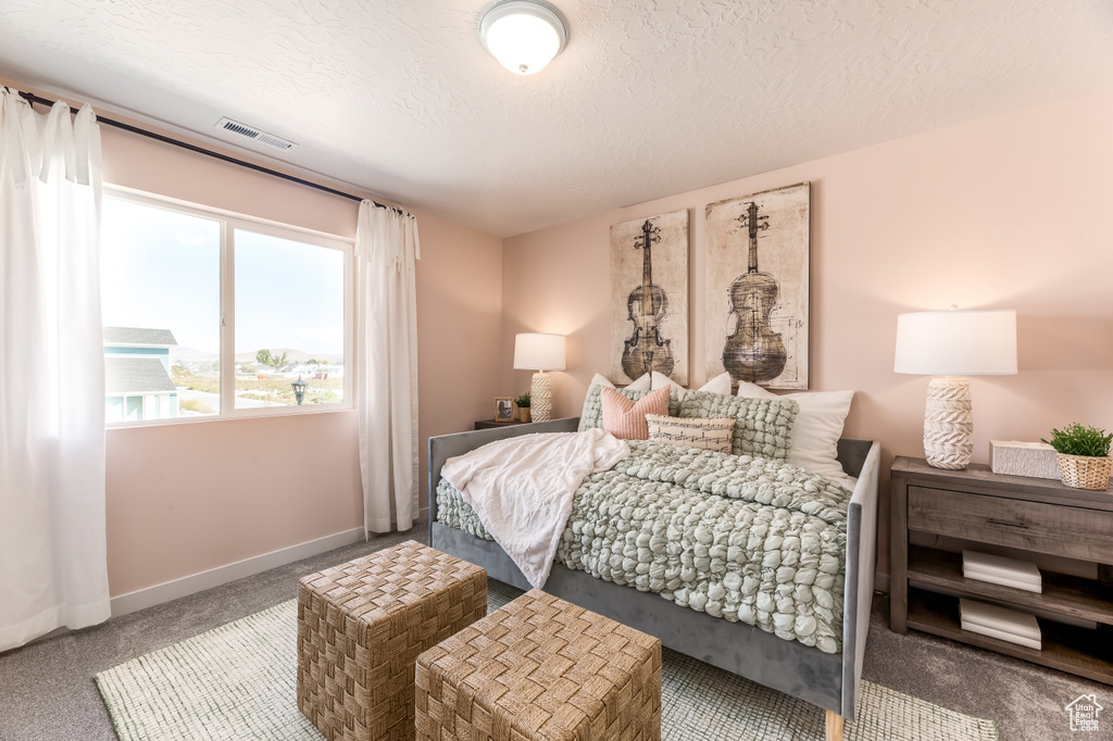 Carpeted bedroom with baseboards, a textured ceiling, and visible vents