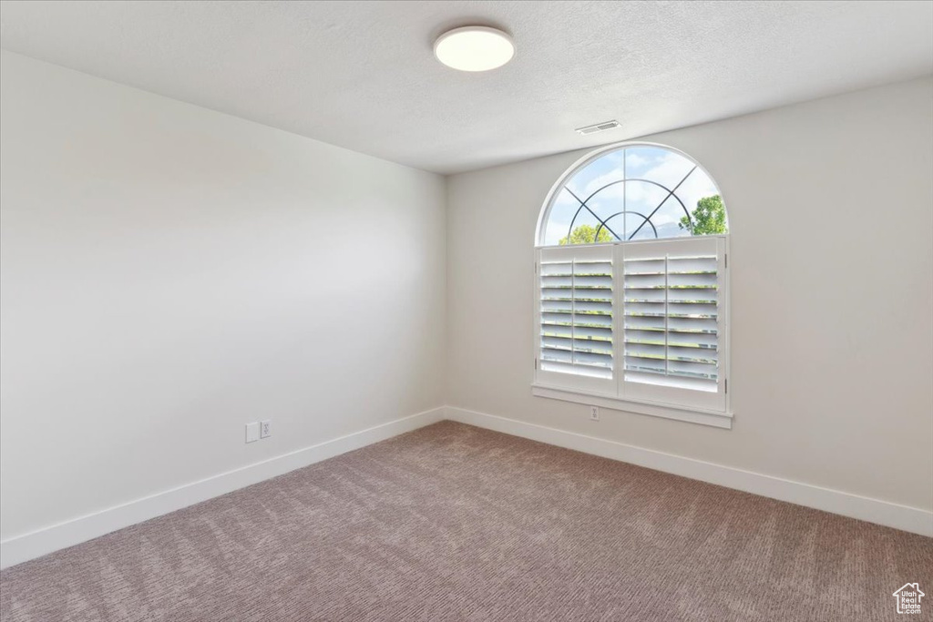 Spare room featuring visible vents, a textured ceiling, carpet, and baseboards