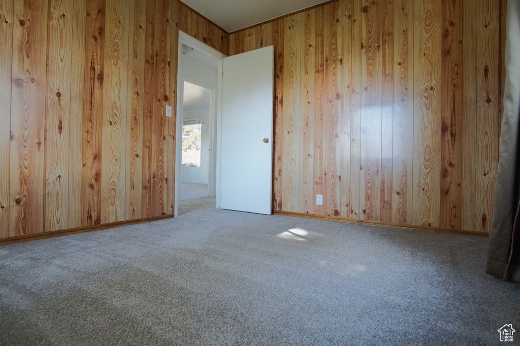 Spare room featuring wood walls and carpet floors