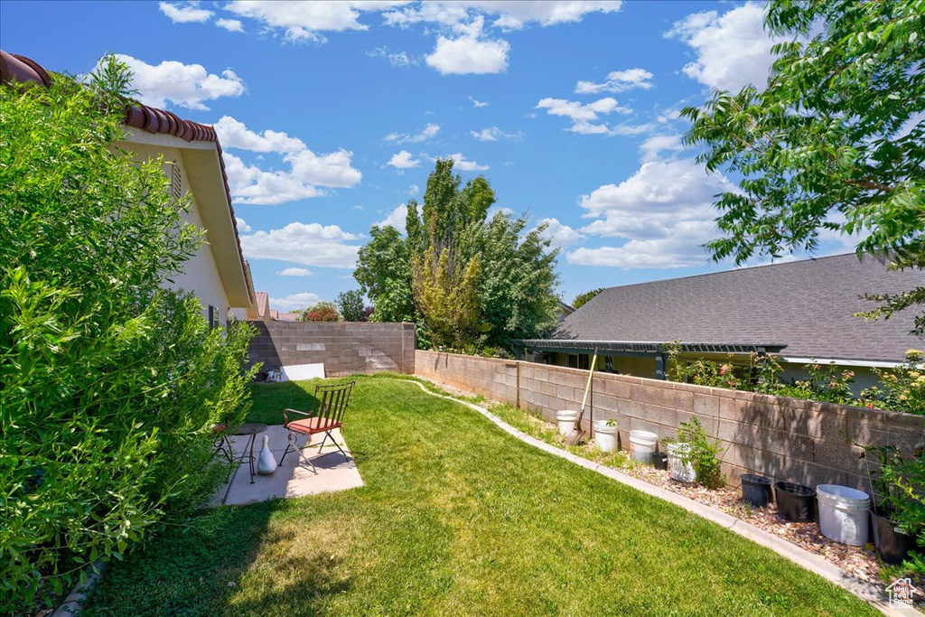 View of yard with a patio and a fenced backyard