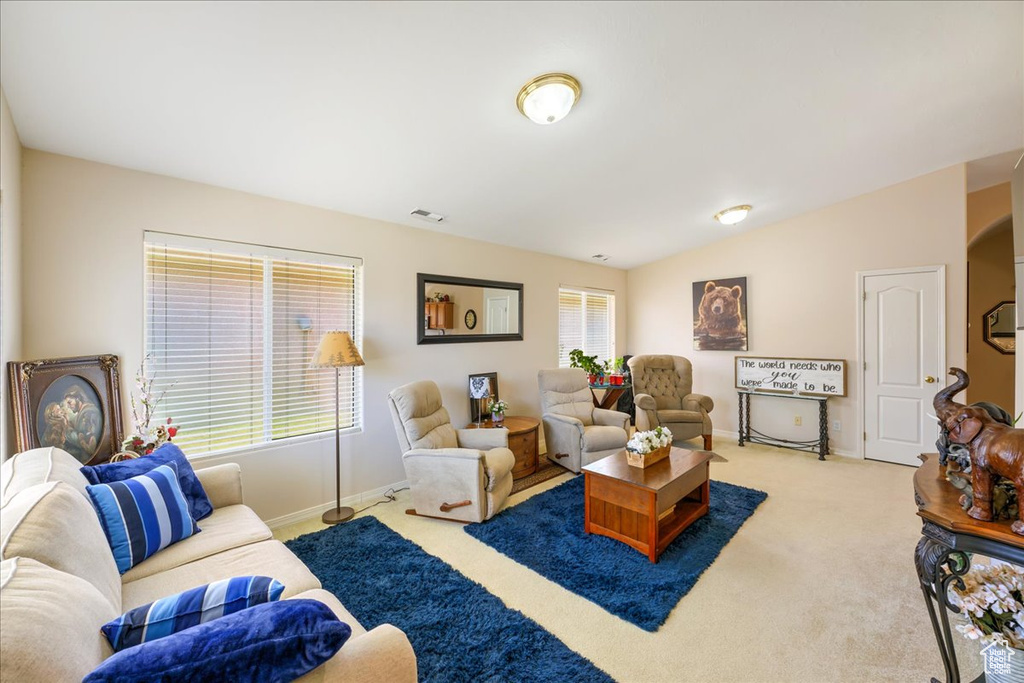 Carpeted living room with baseboards, vaulted ceiling, and visible vents