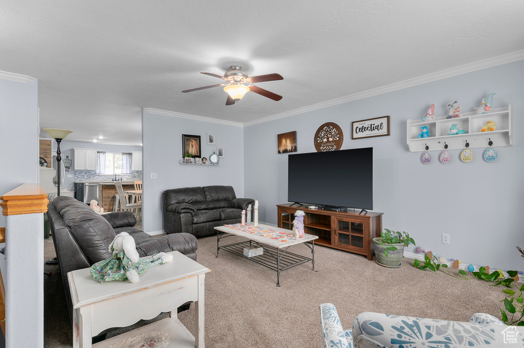 Living room featuring baseboards, carpet, crown molding, and ceiling fan