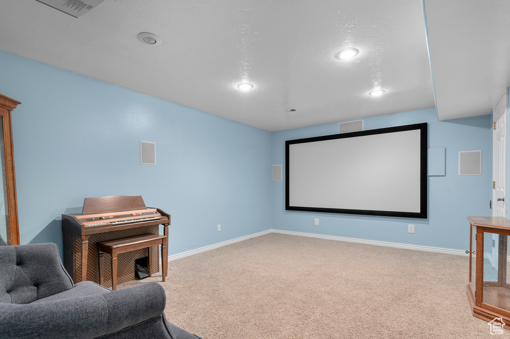 Home theater featuring carpet, baseboards, a textured ceiling, and visible vents