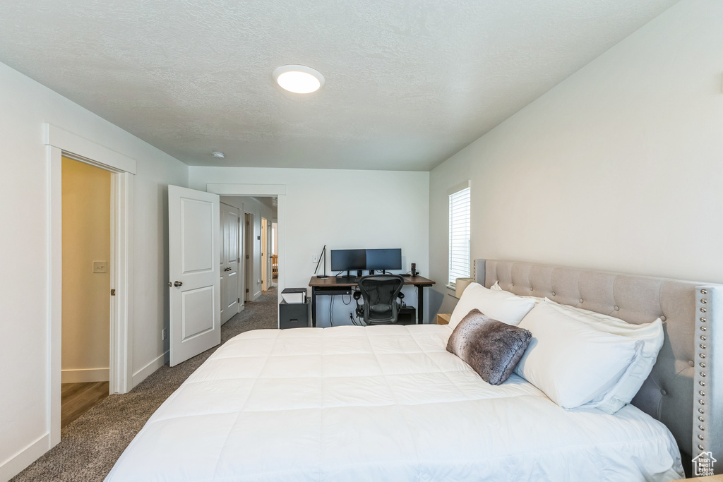 Bedroom featuring carpet, baseboards, and a textured ceiling