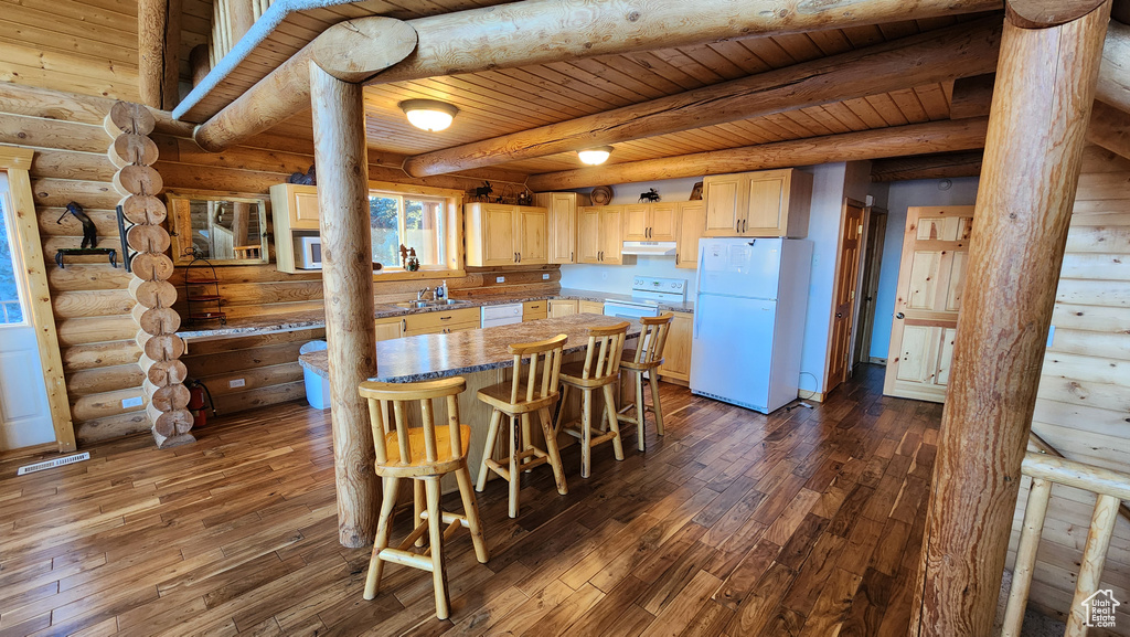 Unfurnished dining area with dark wood-style flooring, a sink, wooden ceiling, and beam ceiling