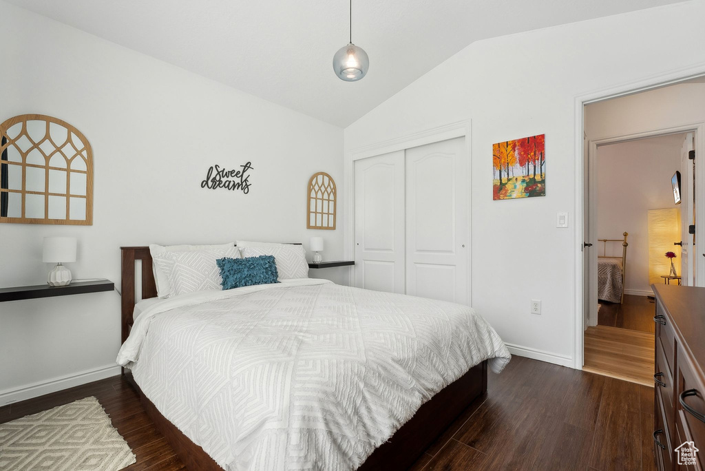Bedroom with baseboards, vaulted ceiling, a closet, and dark wood-type flooring