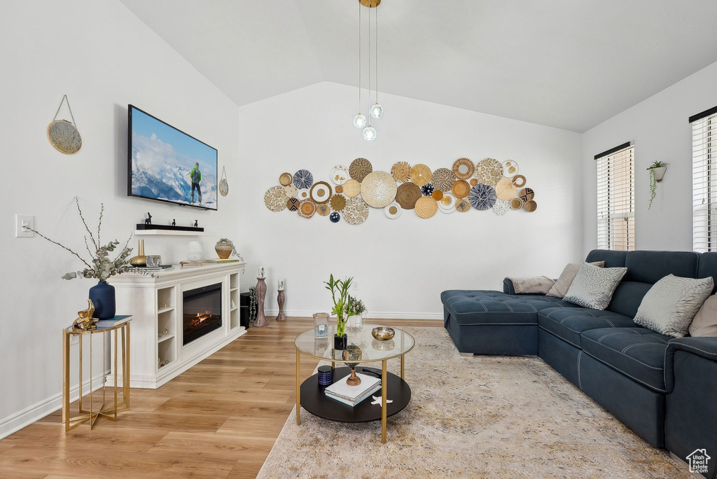 Living area featuring baseboards, lofted ceiling, wood finished floors, and a glass covered fireplace