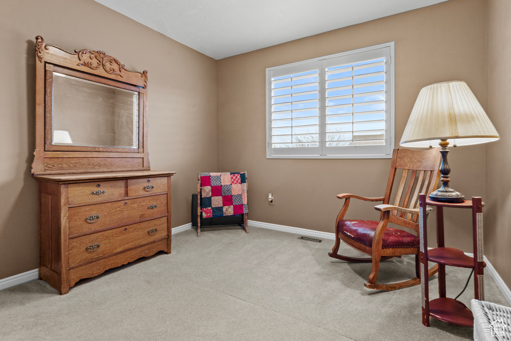 Living area featuring carpet, baseboards, and visible vents