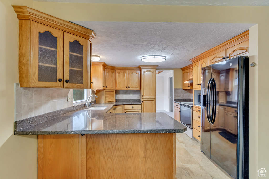 Kitchen featuring a peninsula, a sink, electric range oven, black refrigerator with ice dispenser, and backsplash