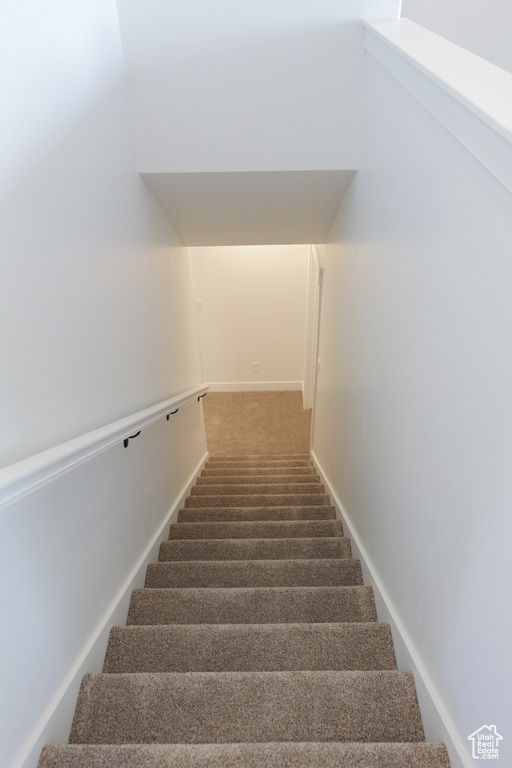 Staircase with carpet flooring and baseboards