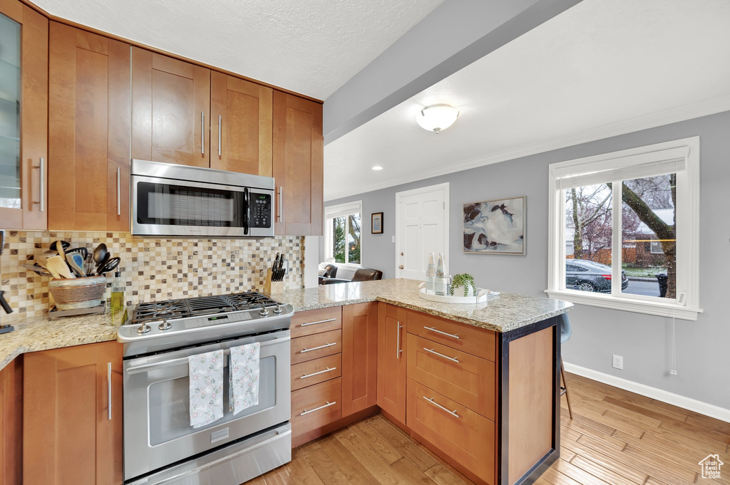 Kitchen featuring a peninsula, light wood finished floors, light stone countertops, stainless steel appliances, and tasteful backsplash