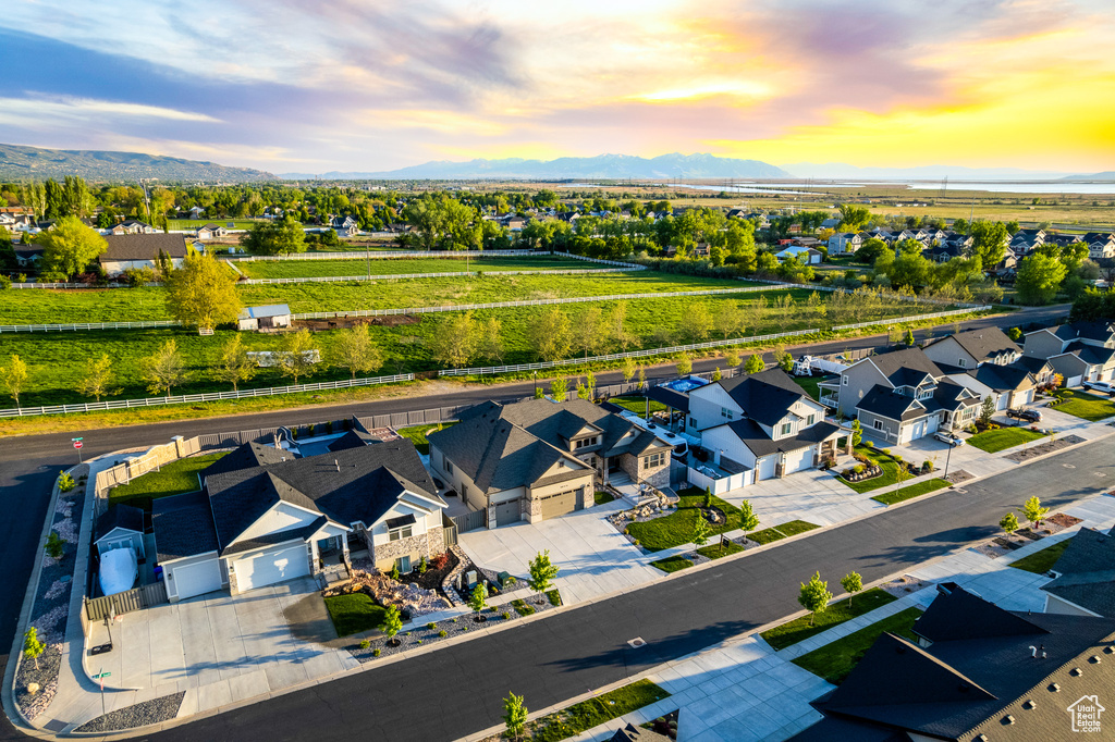 Aerial view featuring a mountain view and a residential view
