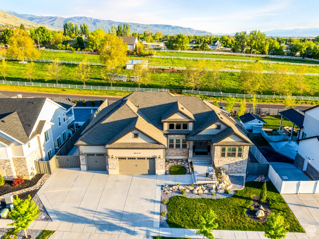 Drone / aerial view featuring a residential view and a mountain view