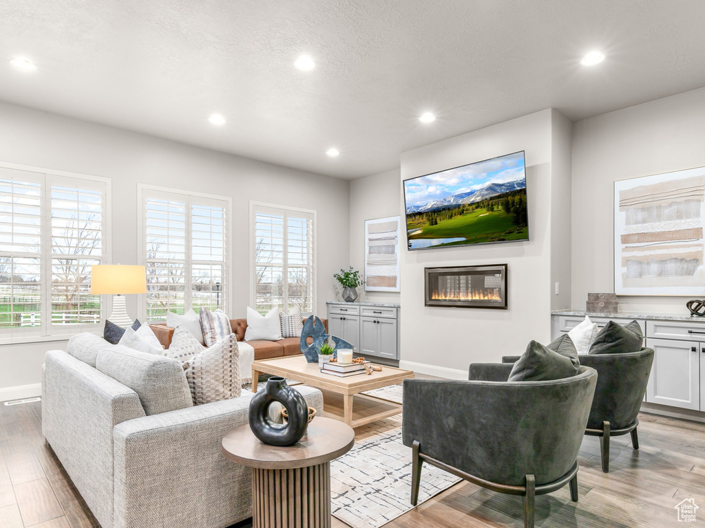Living room featuring a wealth of natural light, a glass covered fireplace, and light wood finished floors