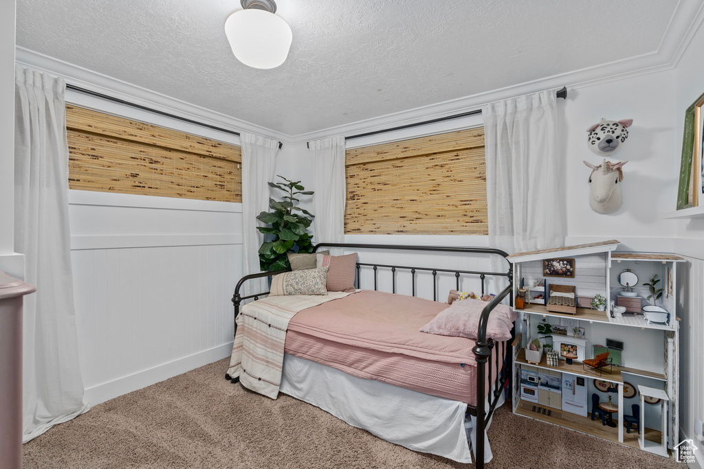 Bedroom with carpet floors, ornamental molding, and a textured ceiling