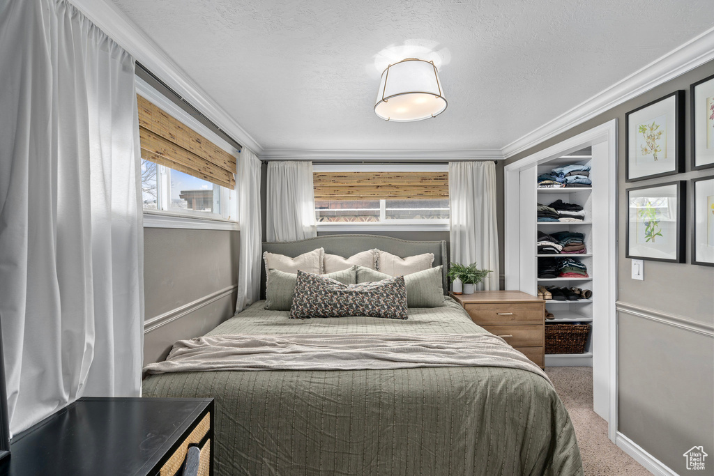 Bedroom featuring baseboards, carpet floors, a textured ceiling, and crown molding