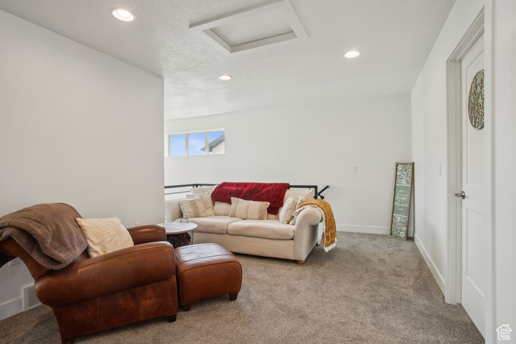 Living area featuring carpet, attic access, a textured ceiling, baseboards, and recessed lighting