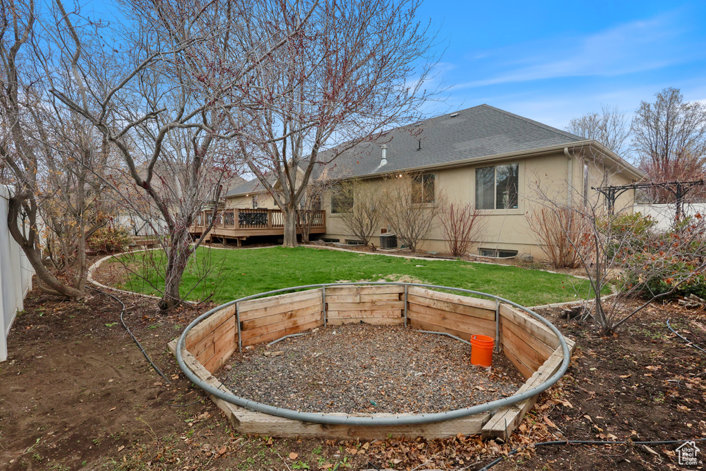 Rear view of property featuring fence, a wooden deck, central AC unit, a shingled roof, and a yard