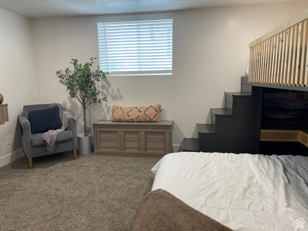 Bedroom featuring baseboards, carpet, and a textured ceiling