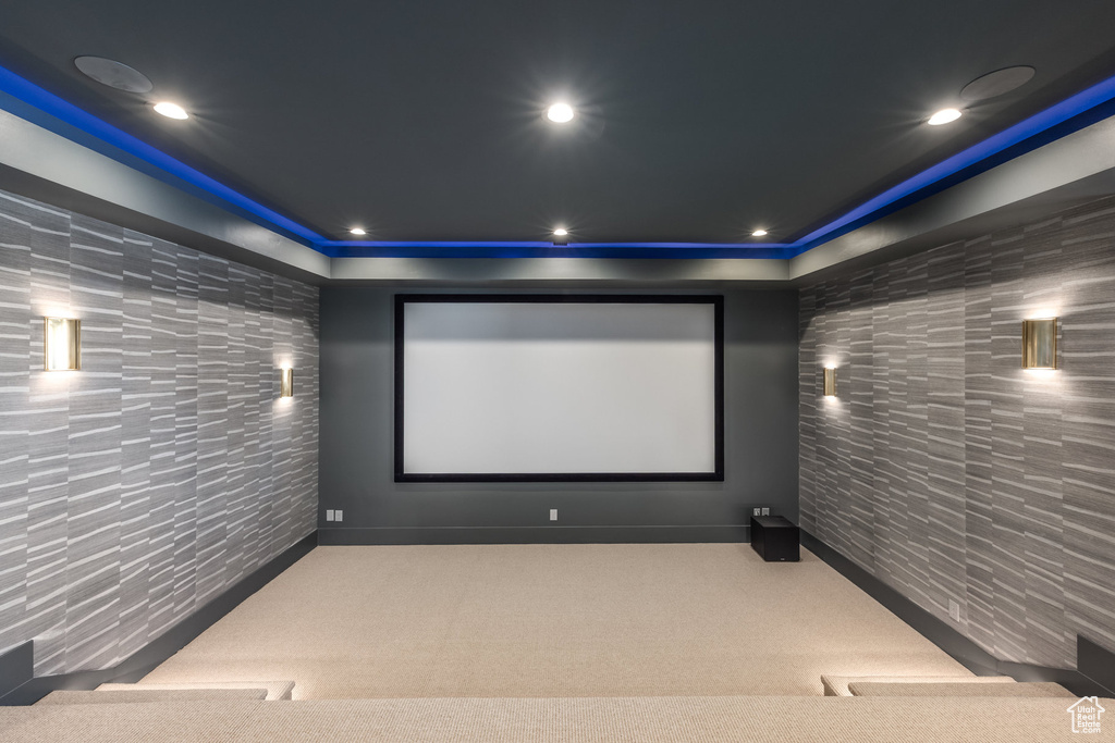 Cinema featuring carpet flooring, recessed lighting, and tile walls