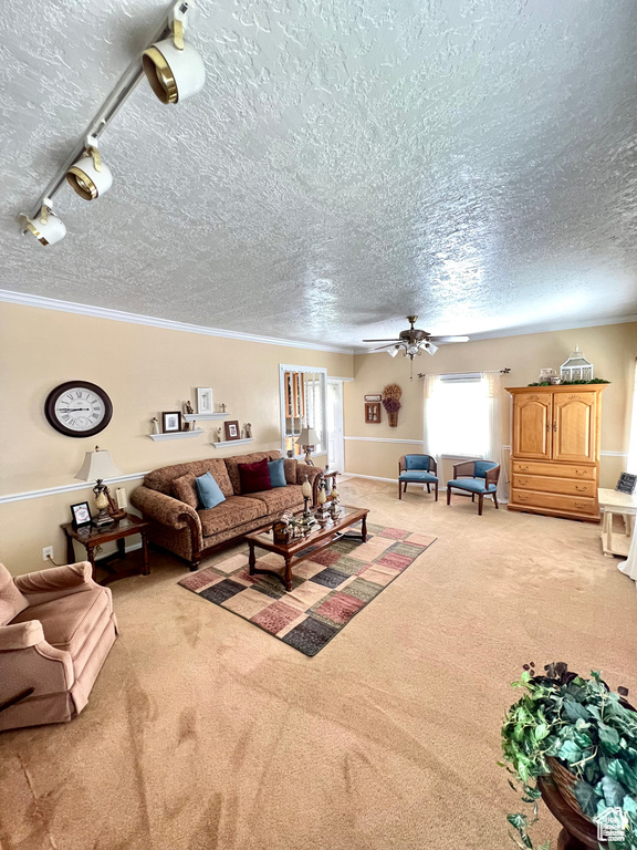Living area featuring a textured ceiling, a ceiling fan, crown molding, and light colored carpet