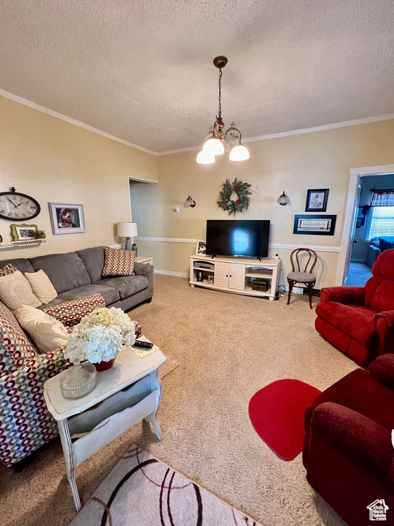 Living area featuring an inviting chandelier, carpet floors, ornamental molding, and a textured ceiling