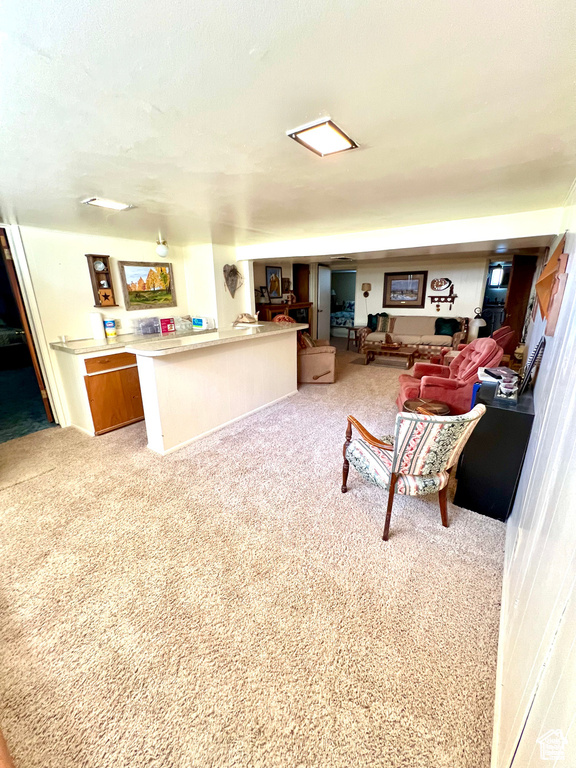 Living area featuring light colored carpet