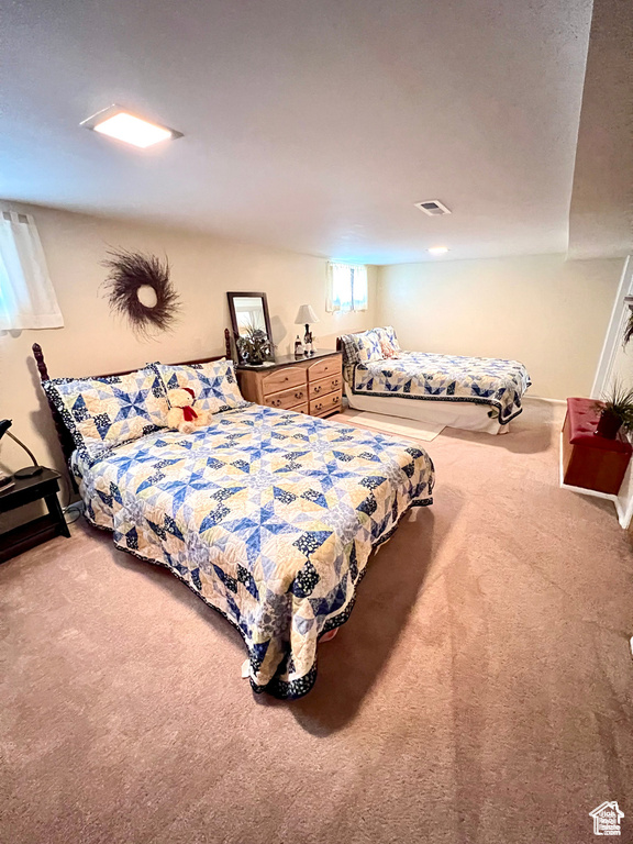 Carpeted bedroom featuring visible vents