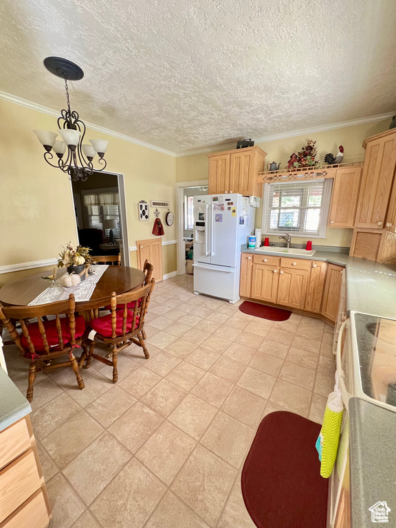 Kitchen featuring crown molding, a sink, a chandelier, white fridge with ice dispenser, and light brown cabinets