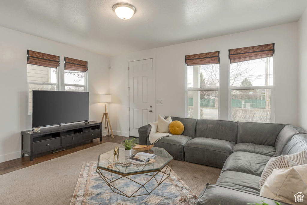 Living area with baseboards and wood finished floors