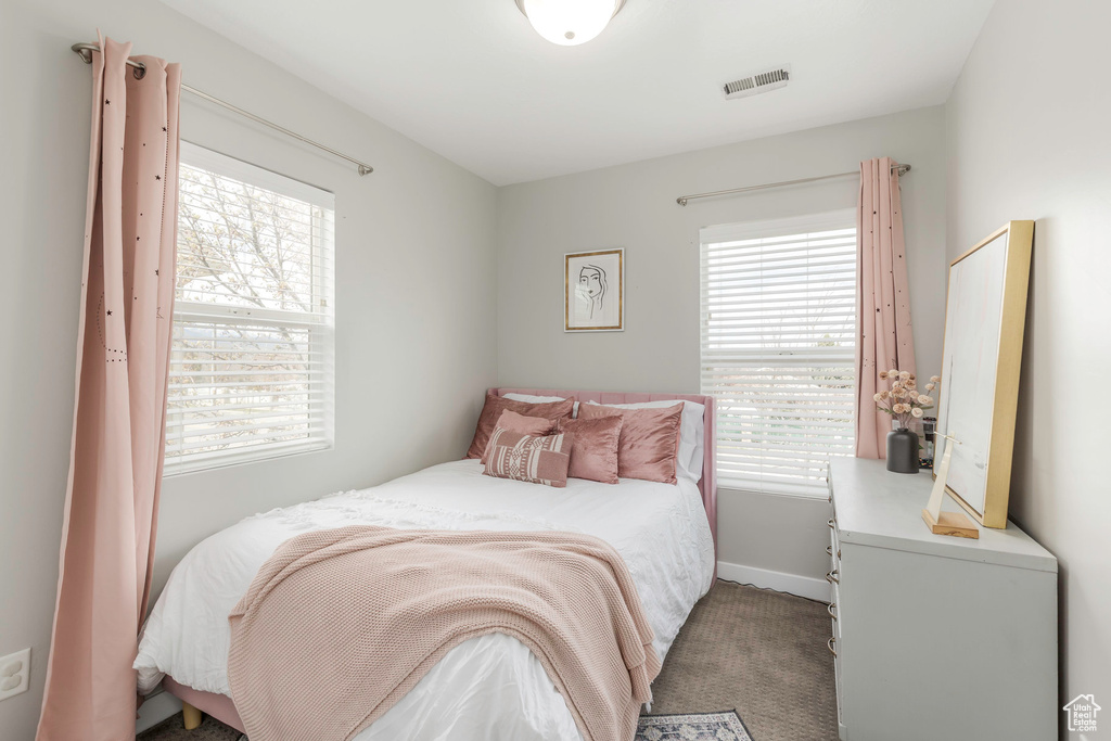 Bedroom featuring baseboards, visible vents, multiple windows, and carpet