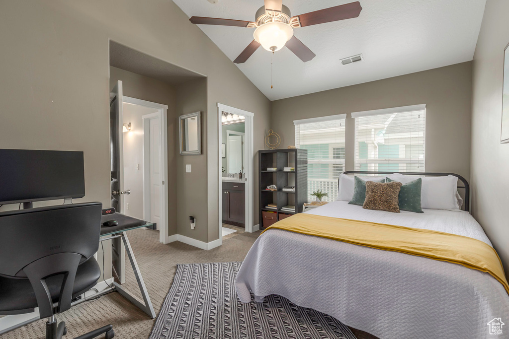 Bedroom featuring vaulted ceiling, a ceiling fan, light carpet, baseboards, and visible vents