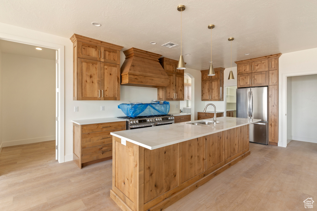 Kitchen featuring stainless steel appliances, a sink, premium range hood, light wood-style floors, and recessed lighting