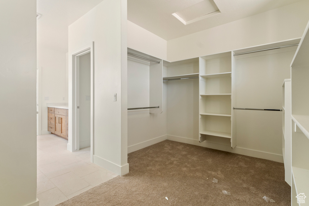Walk in closet with light colored carpet and attic access