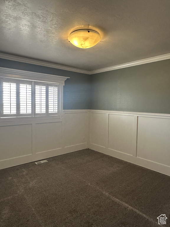 Empty room featuring a wainscoted wall, crown molding, dark carpet, and a textured ceiling