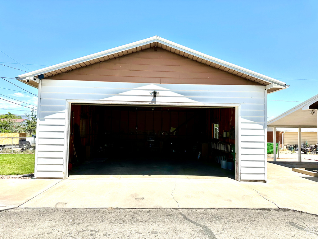 View of detached garage