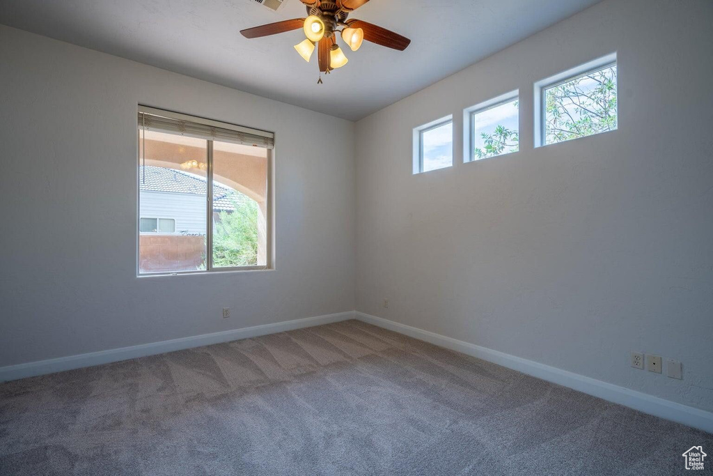 Carpeted spare room featuring ceiling fan, a wealth of natural light, and baseboards