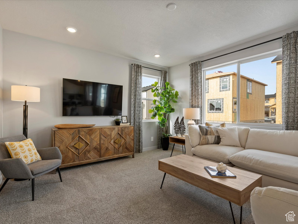 Carpeted living area with recessed lighting and a textured ceiling