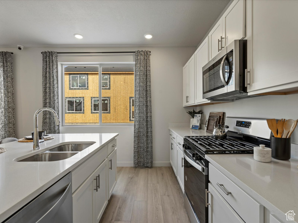 Kitchen with a sink, light countertops, light wood-style floors, and stainless steel appliances