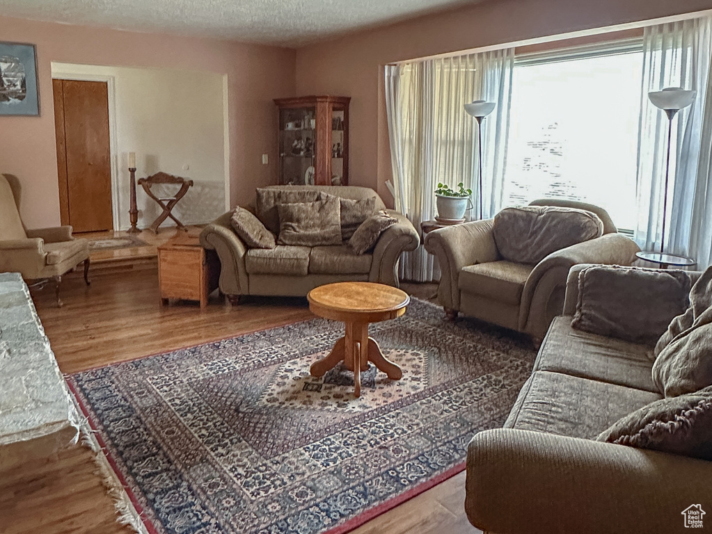 Living room with a textured ceiling and wood finished floors