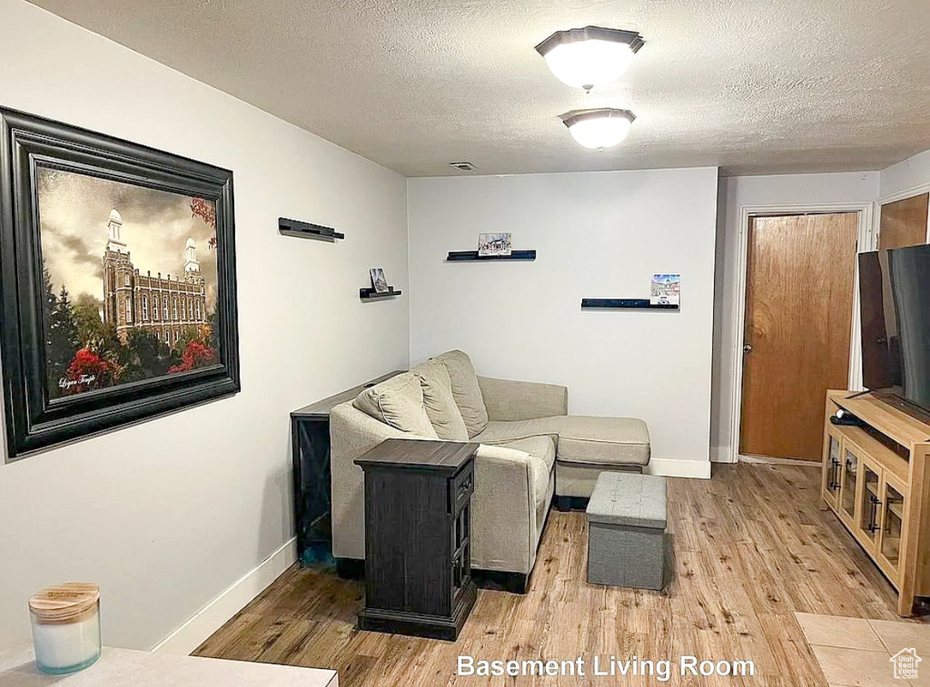 Living area with light wood finished floors, baseboards, and a textured ceiling