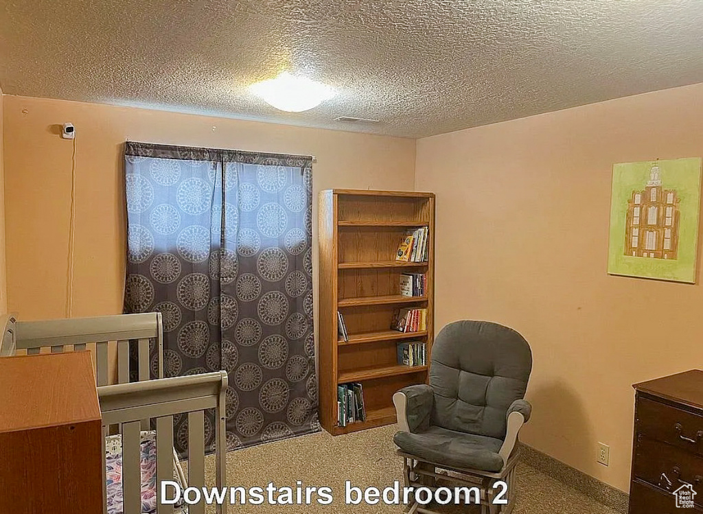 Bedroom featuring carpet flooring and a textured ceiling
