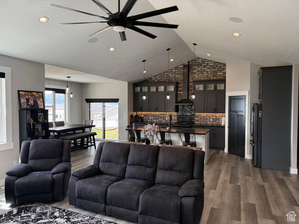 Living area featuring dark wood-style flooring, a textured ceiling, vaulted ceiling, and ceiling fan