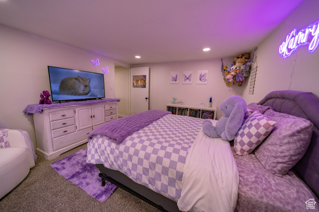 Carpeted bedroom featuring recessed lighting