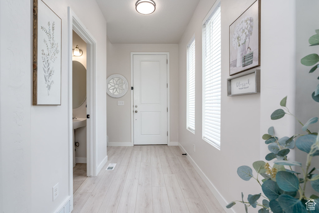 Interior space with baseboards, visible vents, light wood-style floors, and plenty of natural light