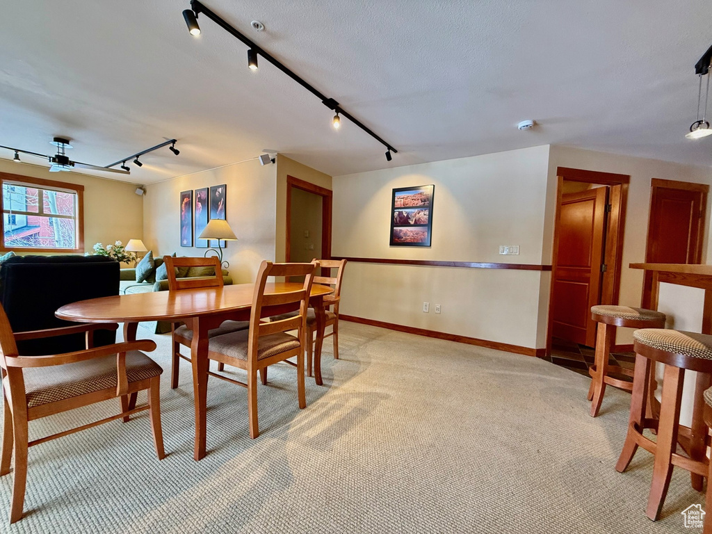 Dining room with rail lighting, baseboards, and light colored carpet