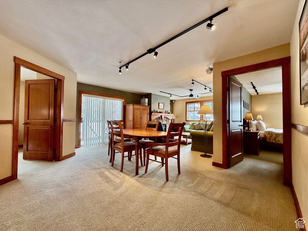 Dining area with rail lighting, light carpet, baseboards, and a textured ceiling